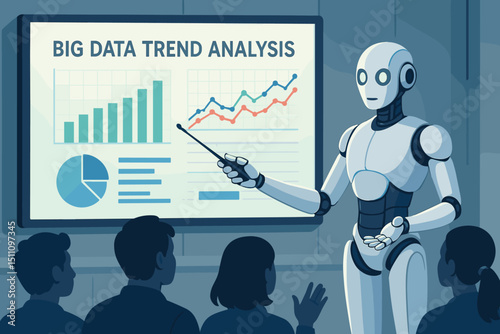 AI Robot Professor presenting Big Data Trend Analysis with charts and graphs to an audience. Futuristic technology in business education, data analytics, and machine learning.