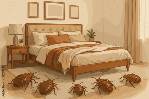 Unwanted guests: Bed bug infestation nightmare in a cozy bedroom interior. Vector illustration of insects, pests crawling on floor, highlighting home hygiene crisis and pest control.