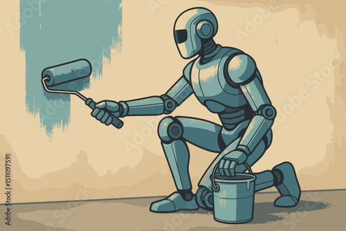 Robot painter with roller and bucket, futuristic home improvement concept. AI automating renovation tasks, vintage style vector illustration. Technology, labor, innovation, construction.