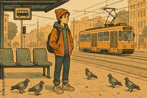 Waiting at tram stop. Young person, teenager, student commuter with backpack. Urban city public transport scene. Vintage streetcar, pigeons. Daily travel illustration. Retro comic graphic.