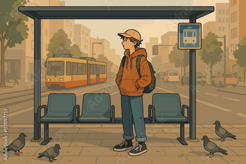 Young student with backpack patiently waiting for the tram at an urban public transport stop. Cityscape background, approaching streetcar, pigeons on platform. Commuting concept.