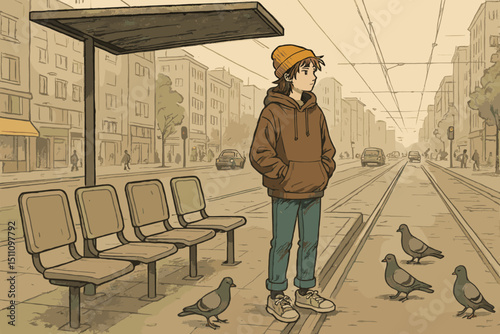 Waiting at tram stop. Young person, student. Anime art. Urban solitude. Patience concept. Contemplation, loneliness. City life, daily commute. Public transport, pigeons. Thoughtful mood. Illustration.