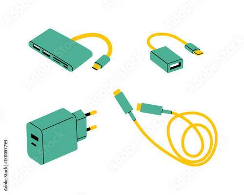 Set of unique cables and adapters for electronic devices. Technology accessories collection with connectors, plugs, and wires in flat style