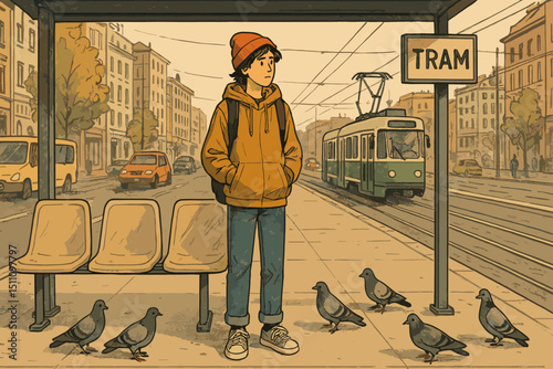 Waiting for tram. Young commuter, city life. Urban public transport. Vintage illustration. Tram stop, pigeons, backpack. Daily routine, travel, patience. Transportation vector. Street scene.