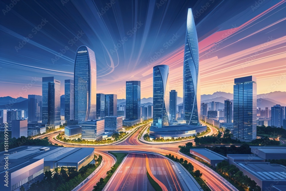 Fototapeta premium Illustration of Innovative Urban Center with Swirled Blur Depicting a Modern Cityscape in Seoul, South Korea