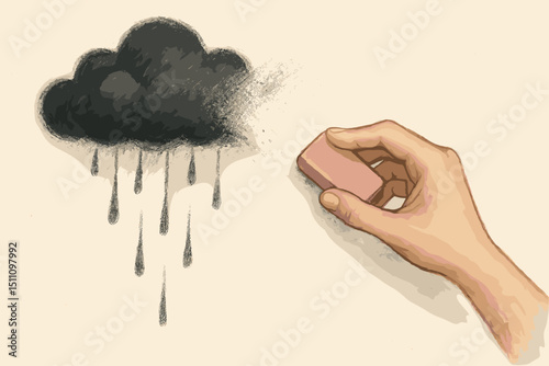 Hand erasing rain cloud drawing. Metaphor for eliminating negativity, sadness, depression. Mental wellbeing, problem solving, optimism, hope. Conceptual illustration of positive change.