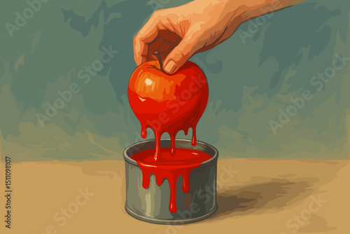 Hand dipping apple in red paint. Deceptive fruit concept, metaphor for artificial food, GMO, hidden danger, appearance versus reality. Unhealthy coating, toxic temptation, surreal art.