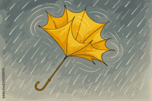 Yellow umbrella in wind and rain, stormy weather. Whimsical illustration. Bad weather, tempest, downpour concept. Autumn season struggle. Inside out umbrella, gusty day protection. Hand-drawn art.