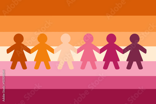 Lesbian pride flag with paper cutout women holding hands. Symbol of sapphic unity, community, LGBTQ+ rights. Diversity, inclusion, and female empowerment concept. Textured background illustration.