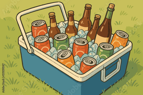 Retro cooler box illustration with ice-cold beer bottles and soda cans, perfect for summer picnic, outdoor party, refreshing beverages. Vintage style graphic for fun, relaxation, and gathering.