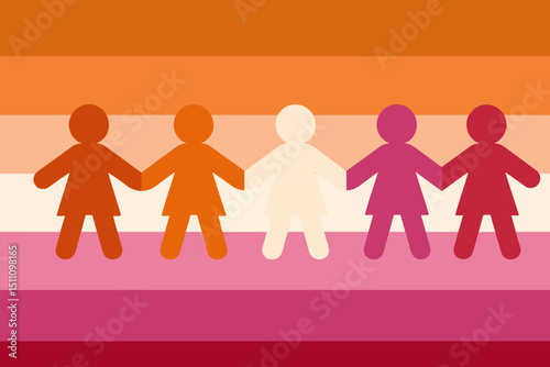 Lesbian pride flag. Paper cutout women holding hands. Symbol of unity, LGBTQ+ community, female solidarity. Queer love, equality, lesbianism, sisterhood concept. Textured vector graphic.
