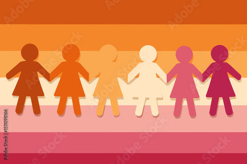 Lesbian pride flag colors background with paper cutout women holding hands. Symbol of unity, community, LGBTQ+ rights, queer identity, solidarity, sisterhood, and love. Vector illustration.