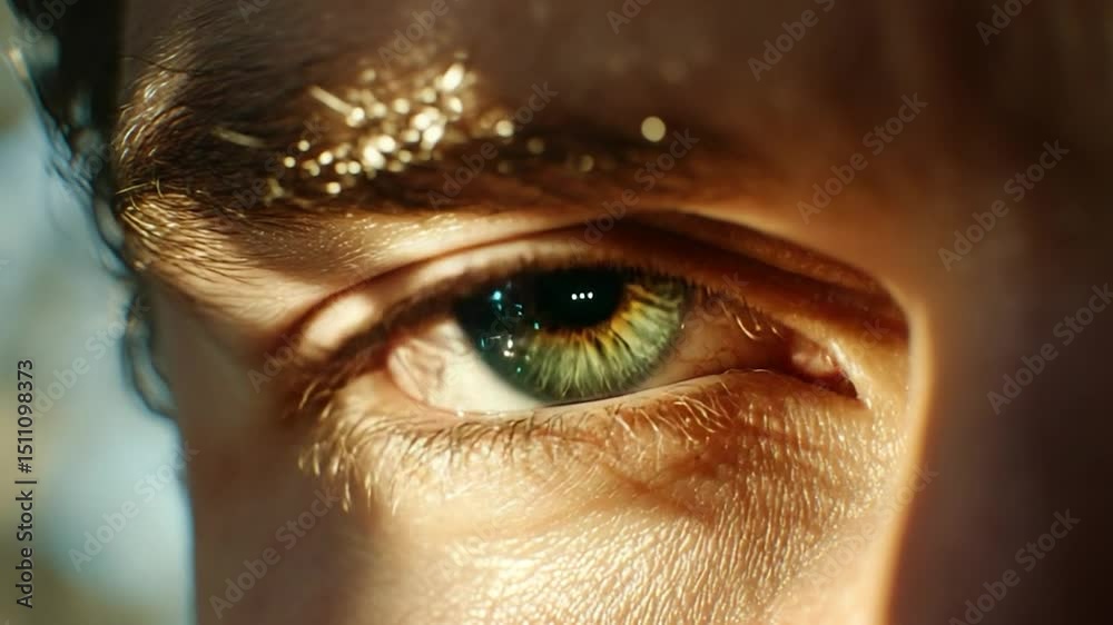 Human eye macro beauty close up with cosmetic glitter detail