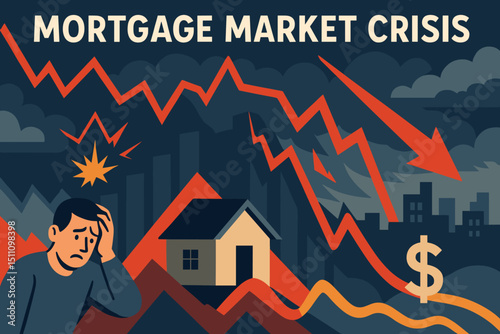 Mortgage Market Crisis illustration. Financial downturn, housing bubble burst, economic recession. Stressed man, falling property values, real estate investment risk, loan debt trouble.