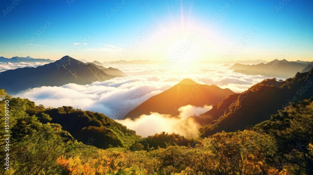 Panoramic mountain vista featuring rolling hills, lush greenery, and a serene sea of clouds bathed in golden sunlight.
