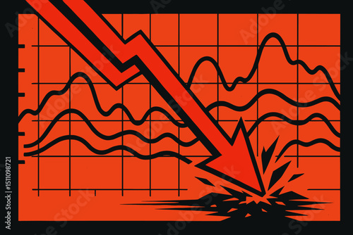 Market crash illustration. Financial crisis concept with red arrow plunging downwards, breaking chart. Economic recession, stock market investment loss, business failure, bear market graph.