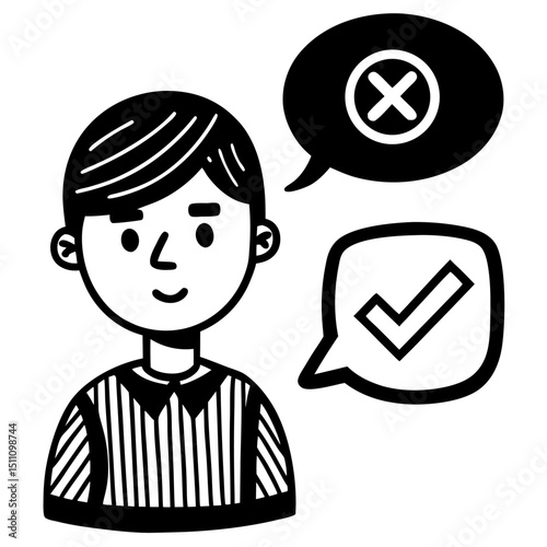 Young man considering options checkmark cross decision making