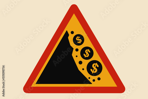 Retro financial risk warning. Vintage triangular sign with dollar coins in landslide, symbolizing monetary erosion, economic instability, investment danger, market crash, currency devaluation. Vector.