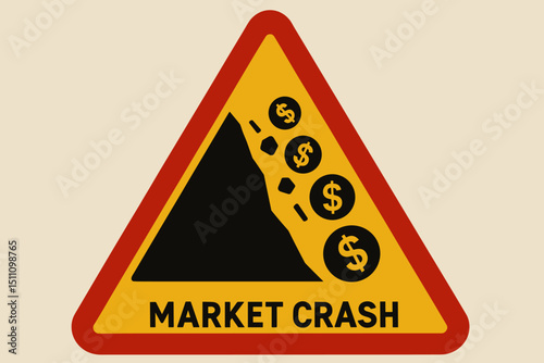 Market crash ahead. Triangular warning sign depicting economic collapse, financial recession. Dollar symbols eroding like a landslide. Investment risk, stock market instability, finance danger.