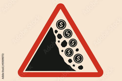 Financial risk warning concept. Dollar coin landslide on hazard sign symbolizing economic erosion, monetary crisis, investment danger, currency devaluation, market crash, and wealth loss.