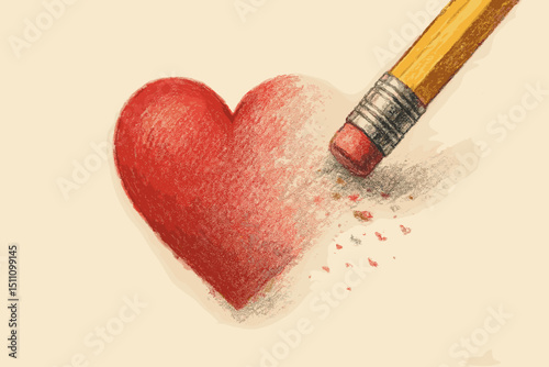 Erasing Love: Heartbreak, Loss, and Moving On. Pencil Eraser Removes Red Heart. Concept for Ending Relationships, Healing, and Emotional Recovery. Gentle Fade Effect.
