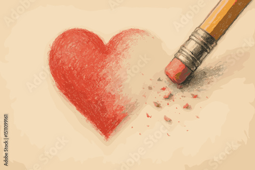 Erasing Love: Heartbreak Concept with Pencil Eraser. Fading Romance. End of Relationship. Red Heart Shape Deletion. Forgetting. Loss. Painful Memories. Nostalgia.