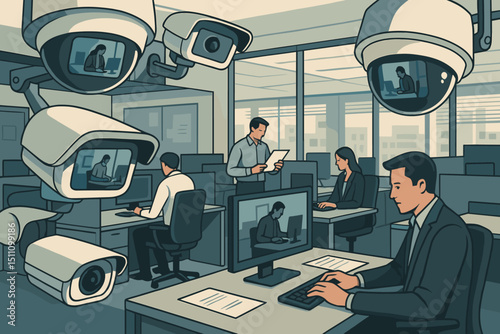 Office surveillance concept: Employees monitored by CCTV cameras. Workplace security, staff observation, privacy invasion, control, big brother, data protection, corporate scrutiny.
