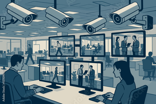 Office Surveillance System with Security Cameras and Multiple Monitor Displays Showing Employees at Work, Business Security, Workplace Monitoring, Security System, CCTV