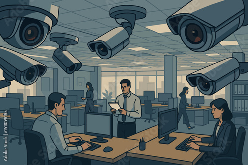Corporate Surveillance State in Modern Office. CCTV Security Cameras Watching Employees. Privacy Concerns, Data Protection, Monitoring, Control. Workplace Safety, Business Espionage