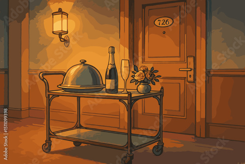 Luxury hotel room service illustration. Elegant dining trolley with champagne, roses, gourmet meal under cloche in hallway. Romantic celebration, hospitality, vintage charm design.