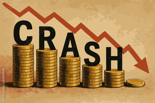 Economic crash conceptual illustration. Financial crisis and market downturn with declining gold coin stacks and red arrow. Recession, bankruptcy, investment risk, and money loss concept.
