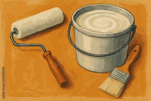 Painter's Toolkit: Brush, Roller & Paint Bucket. Renovation tools. Home improvement and decorating. Painting equipment. Interior design, wall painting, painter tools.