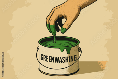 Greenwashing concept illustration. Hand dipping fingers in green paint can. Deceptive marketing tactic, misleading environmental claims by corporations. Fake eco-friendly & sustainability propaganda.
