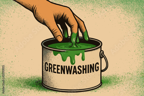 Greenwashing concept illustration. Deceptive corporate marketing strategy misleading consumers with false eco-friendly claims. Hand dipping in green paint can. Environmental ethics and responsibility.