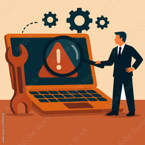 Businessman Analyzing Computer Error with Magnifying Glass in Flat Vector Design Featuring Warning Sign and Tools for Technical Support Solutions