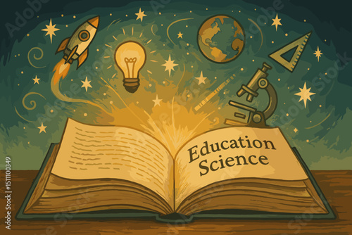 Enchanted educational journey. Open book of science knowledge with rocket, lightbulb, globe, microscope. Learning, discovery, imagination, innovation, wisdom concept. Inspiration vector.