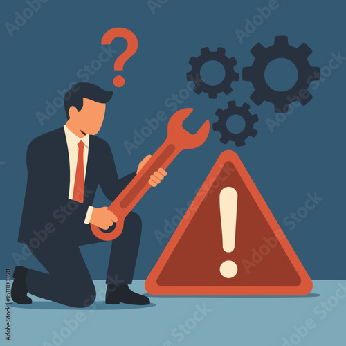 A Businessman in a Dilemma: Fixing Problems with Tools, Gear Indicators, and Warning Signs in a Flat Vector Illustration