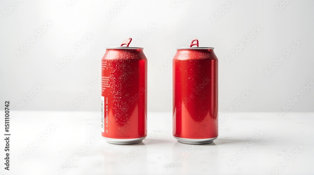 Obraz premium Condensed Red Cans. Two red aluminum cans with condensation droplets against black background. Refreshing beverage concept
