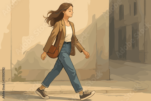 Confident Woman Walking in City Street. Stylish Urban Lifestyle, Casual Fashion, Commute, Business Style, Cityscape, Travel, Daily Life, Modern, Active.