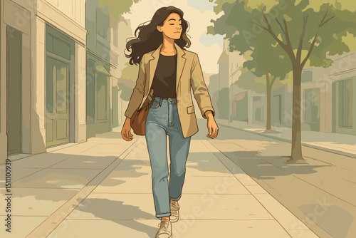 Confident woman on urban walk. Stylish young adult strolling city street. Female empowerment, independent lifestyle. Casual fashion illustration. Modern youth enjoying cityscape scene.