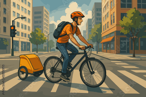 Urban cyclist with helmet and backpack riding bicycle with cargo trailer on city crosswalk. Eco-friendly transportation, active lifestyle, delivery service concept illustration. Cityscape background.