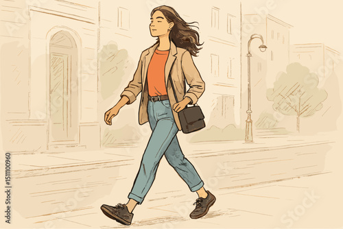 Confident young woman walking, city urban lifestyle. Hand-drawn sketch illustration, stylish independent female, peaceful stroll. Modern casual fashion, retro vintage aesthetic.