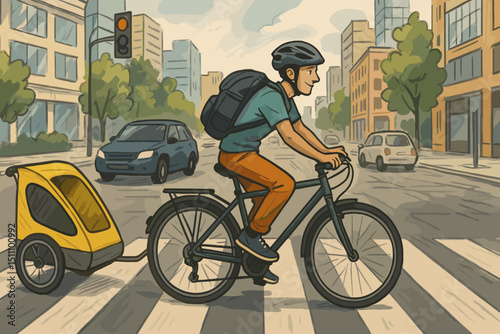 Smiling Cyclist with Backpack and Child Trailer Riding Across Urban Crosswalk on City Street. Healthy Lifestyle, Eco-Friendly Transportation, Urban Commute Concept