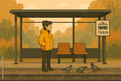 Young person waiting at cozy autumn tram stop illustration. Boy in yellow puffer jacket and beanie at urban public transport station platform with pigeons. Fall seasonal commute scene concept.