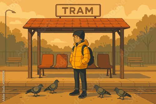 Cozy tram stop illustration with young boy in yellow jacket waiting for public transport. Urban scene with pigeons, shelter, and retro atmosphere. Concept of commuting, travel, everyday city life.