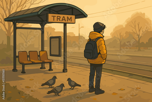 Waiting at Golden Tram Stop, Boy with Backpack and Pigeons, Autumnal Urban Scene, Public Transport Anticipation, Cozy City Commute, Tranquil Transportation Hub, Serene Wait