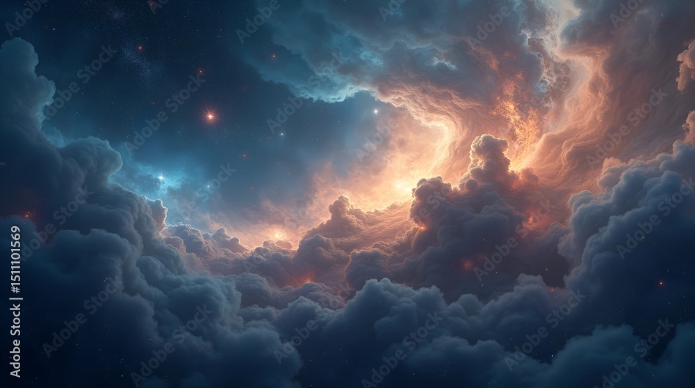Fototapeta premium Colorful Cosmic Sky. Dramatic digital artwork of dark cloud-filled sky with vibrant blue, orange and yellow hues. Surreal ethereal space scene