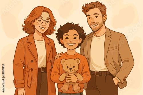 Happy family bonding moment illustration. Loving mother, father, and child with teddy bear smiling together. Warm, joyful cartoon art for parenting, love, and togetherness concepts.