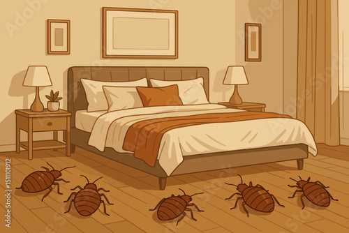 Bed bug infestation modern bedroom interior. Pest control concept with multiple cimex lectularius insects crawling on floor. Unwanted parasite problem hygiene issue domestic vector illustration.