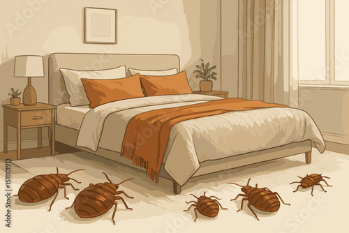 Bed bugs infestation modern bedroom. Insect pests. Parasite invasion home interior. Pest control concept. Hygiene sanitation problem. Unwanted household pests. Domestic infestation. Vector.